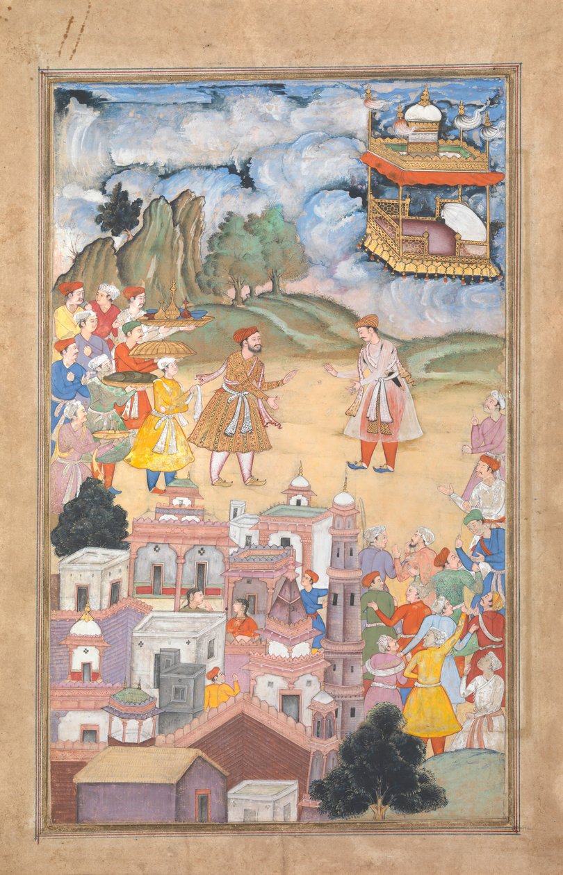Koning Sal bezoekt Kala Yavana, Folio uit een Harivamsa-legende van Hari Krishna, ca. 1590-95 door Unbekannt