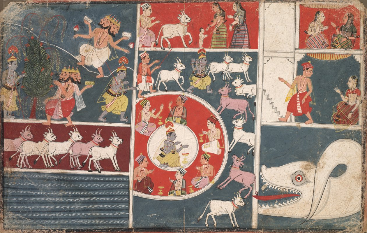 Krishna speelt de fluit en andere episodes uit de Bhagavata Purana, ca. 1650 door Unbekannt
