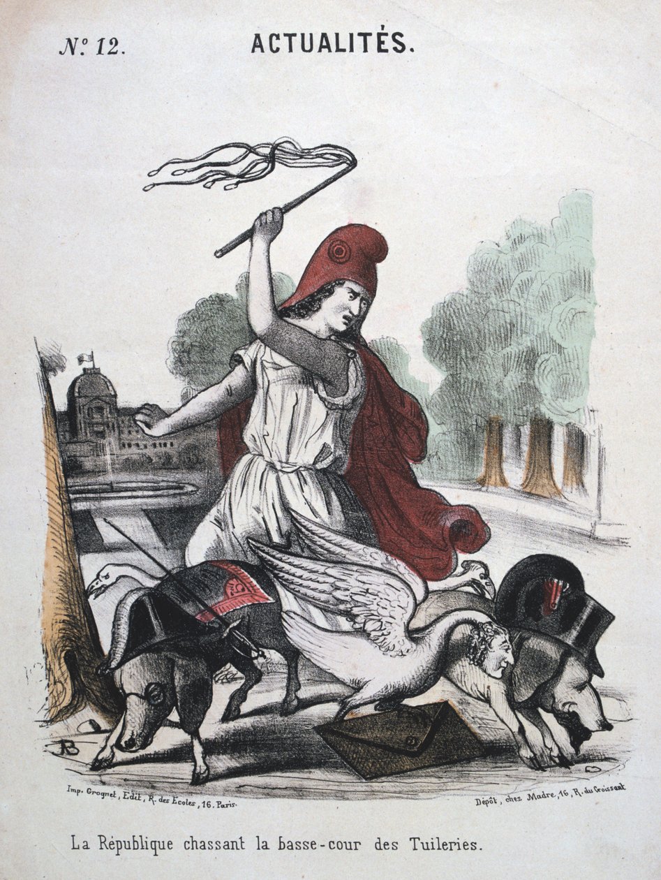 La Republique Chassant la Basse-cour des Tuilleries, allegorische cartoon, 1870-1871 door Unbekannt