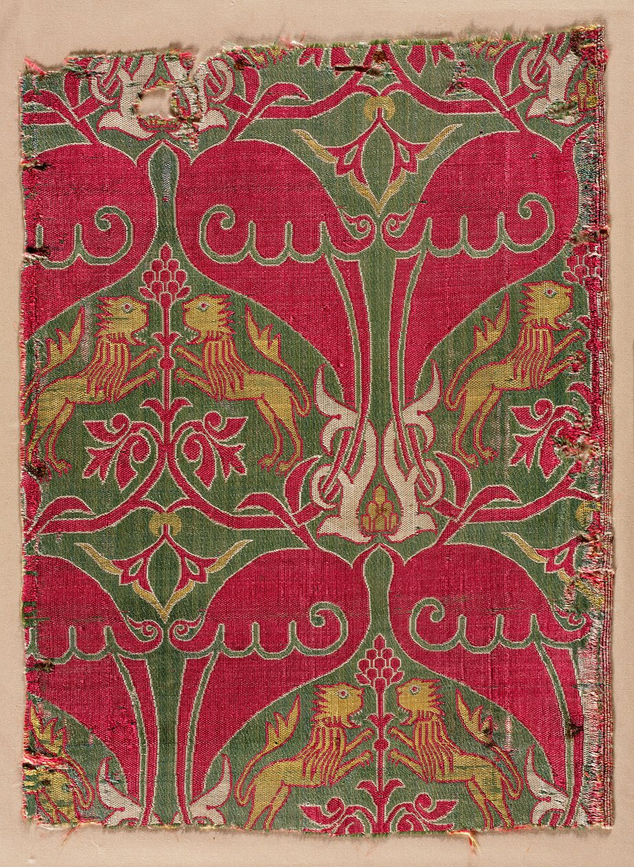 Lampas met steigerende leeuwen, palmetten en wapenschilden, 1400s door Unbekannt