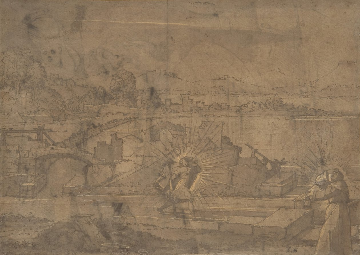 Landschap met Sint Christoffel en mannelijke monnik door Unbekannt