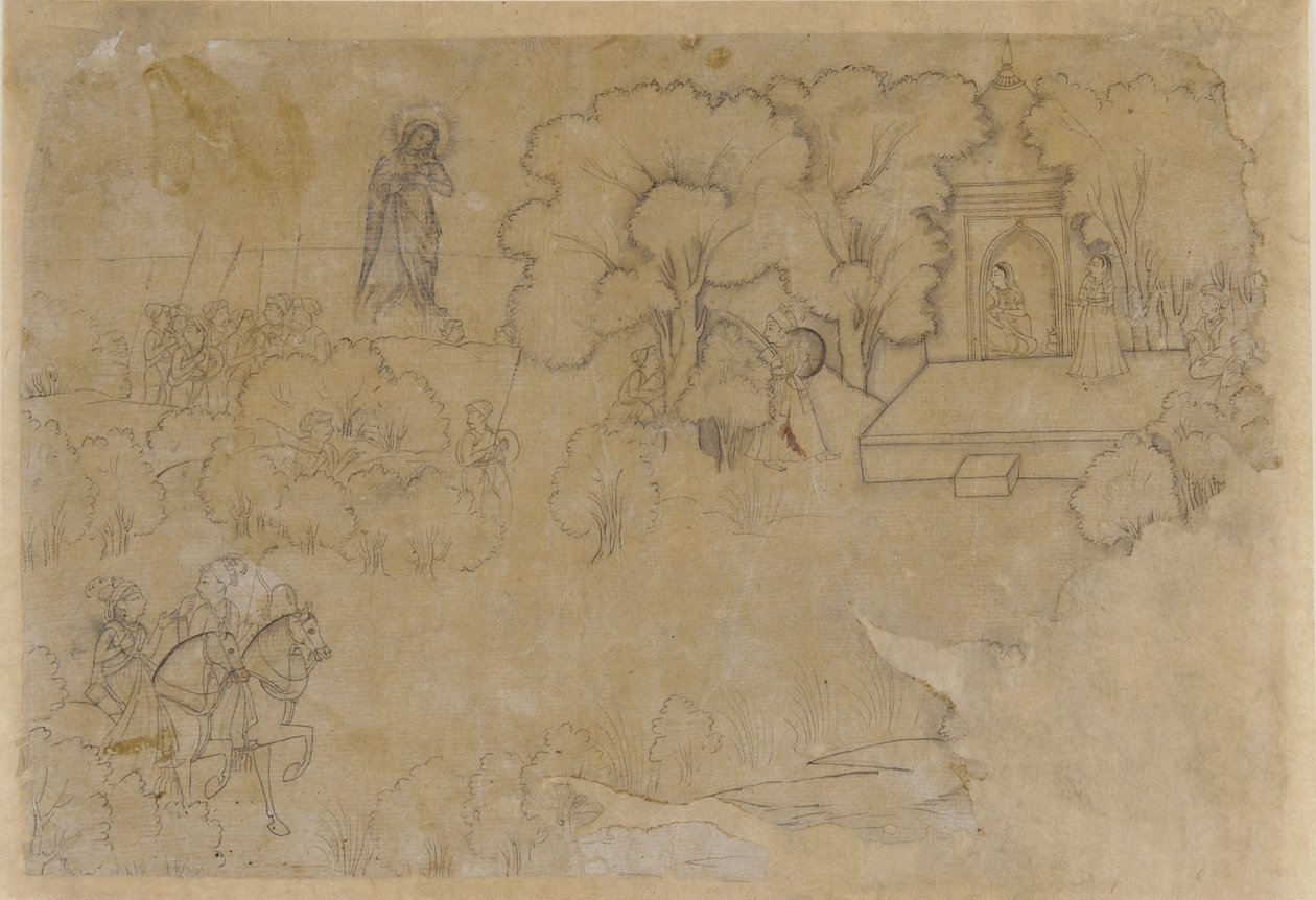 Landschap met een figuur van de Maagd Maria door Unbekannt