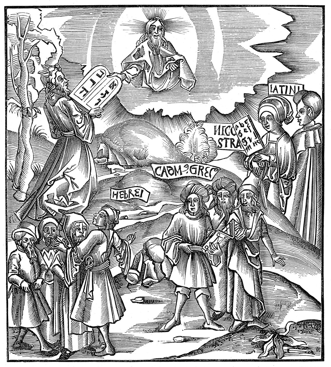Talen: Mozes ontvangt van God de tafelen van de wet in het Hebreeuws, 1512 door Unbekannt