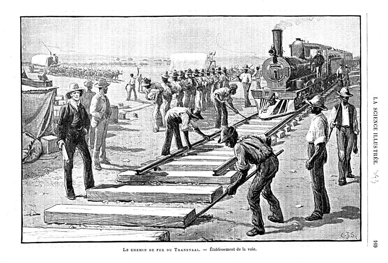 Leggen van dwarsliggers en rails op de Transvaal-spoorweg, Zuid-Afrika, 1893 door Unbekannt