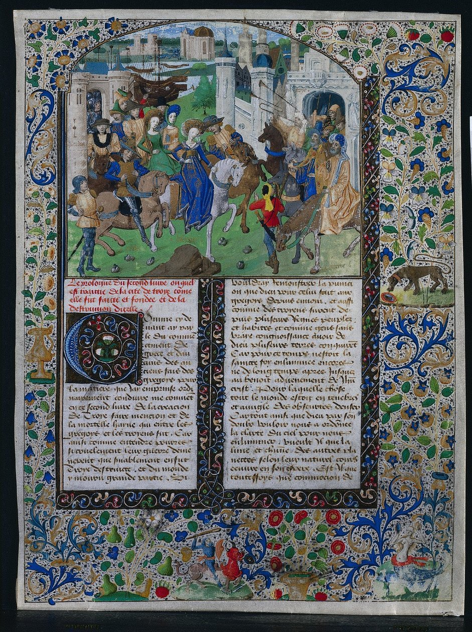Blad uit Jehan de Courcys Chronique Universelle: Koning Priamus ontmoet Helena en Paris, ca. 1470 door Unbekannt