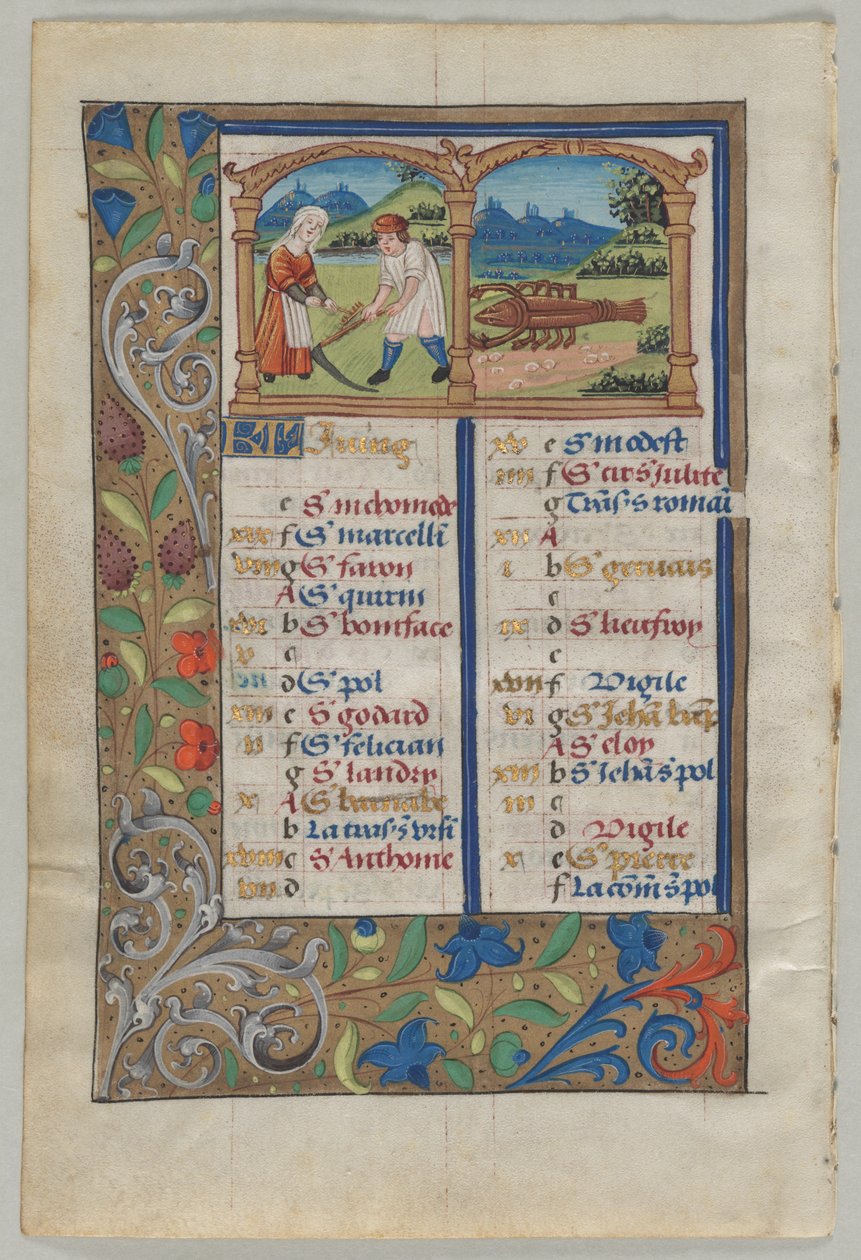Blad uit een Getijdenboek: Kalenderpagina voor juni verso, ca. 1510 door Unbekannt