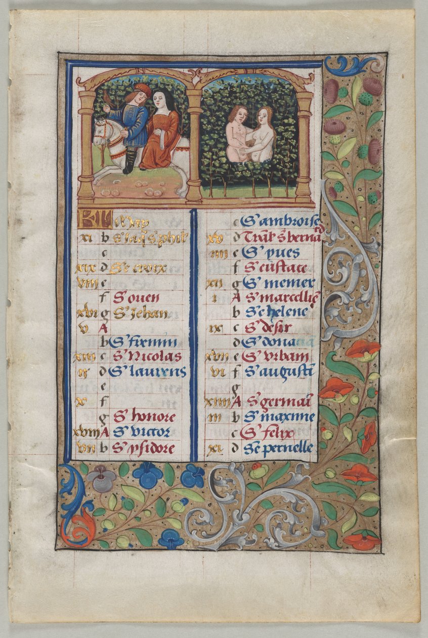 Blad uit een getijdenboek: Kalenderpagina voor mei recto en kalenderpagina voor juni..., c. 1510 door Unbekannt