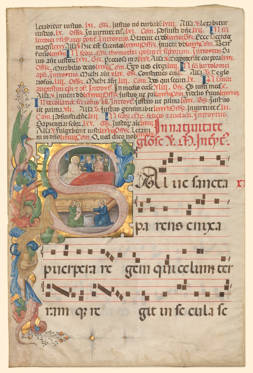 Blad uit een Graduale: Historiated Initial S[alve Sancta Parens] met Geboorte van de Maagd recto door Unbekannt