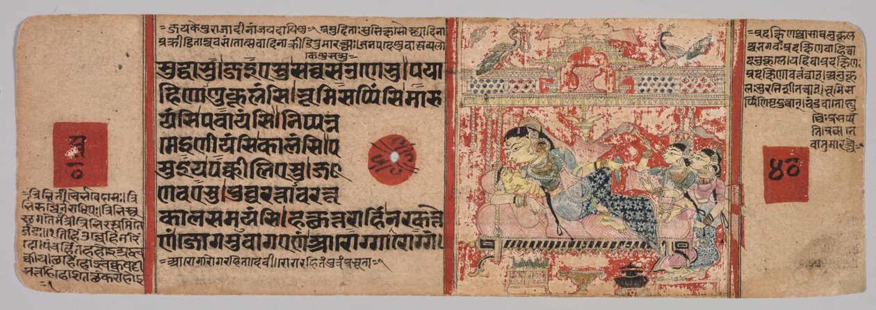 Blad uit een Jain Manuscript: Kalpa-sutra: Tekst recto, Geboorte van Mahavira, folio 40 verso, ca. 140 door Unbekannt