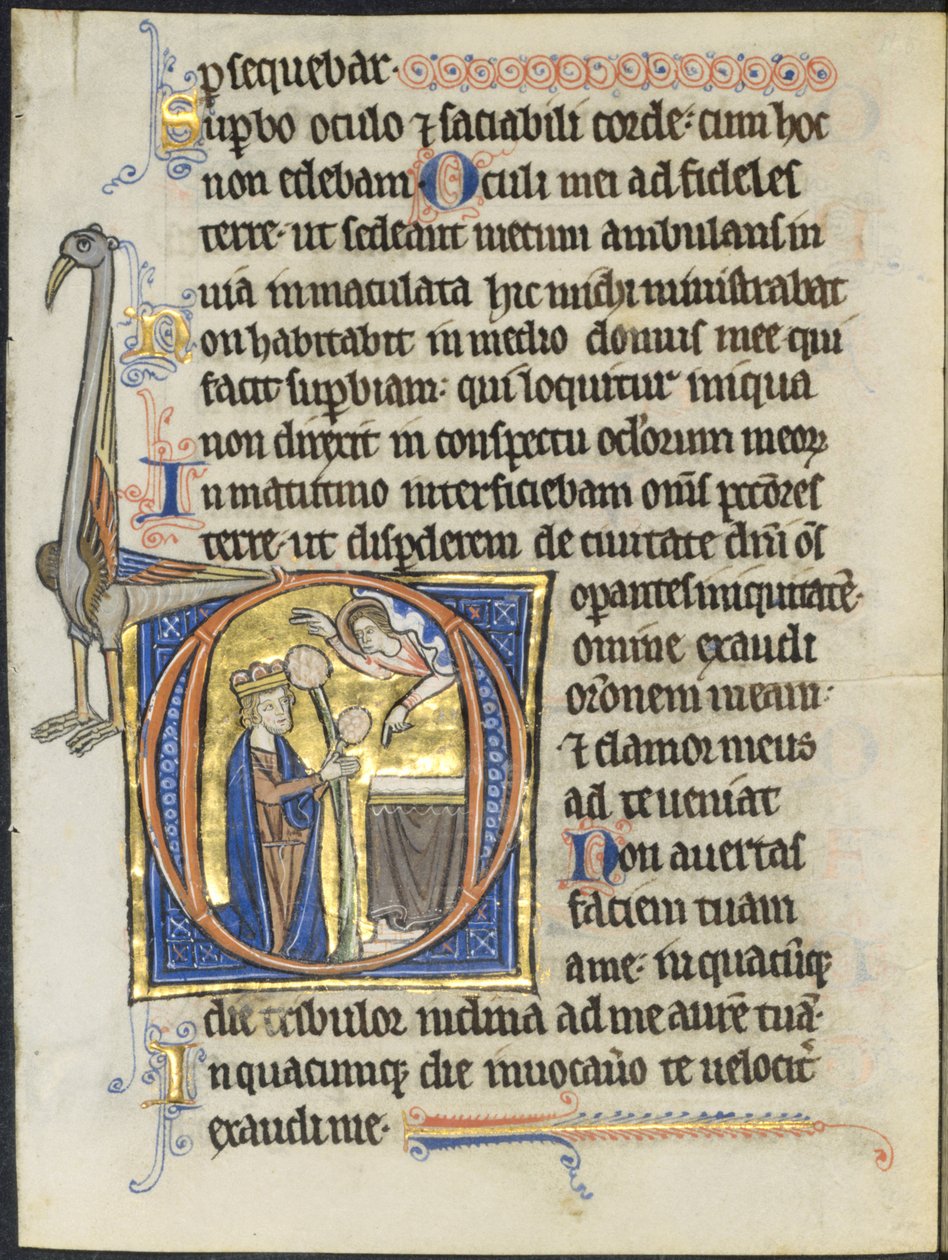 Blad uit een psalter: Initiaal D: David in gebed voor een altaar en Christus in een wolk, ca. 1270-12 door Unbekannt