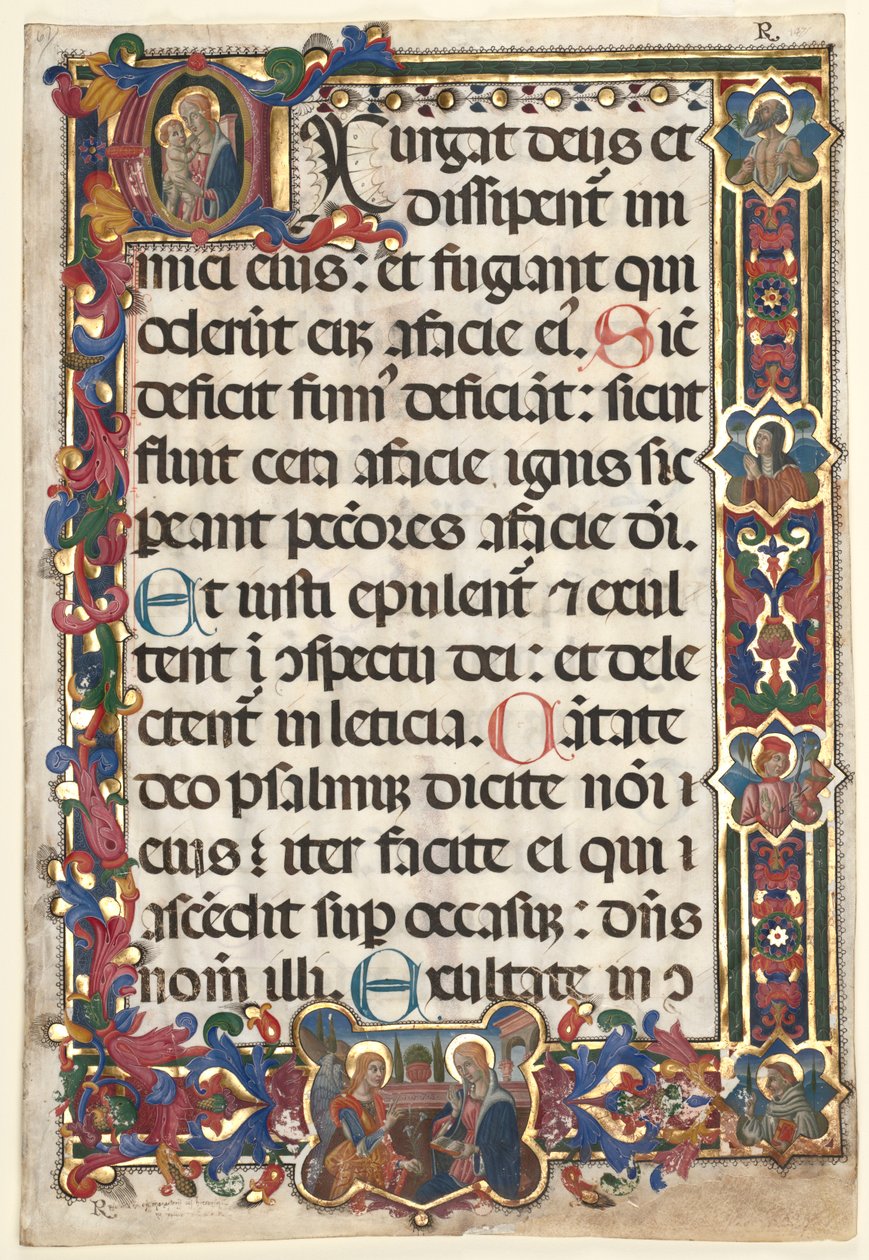 Blad uit een Psalter met Volledige Rand met Medaillons Annunciatie, SS. Jerome, Clare..., 1475 door Unbekannt