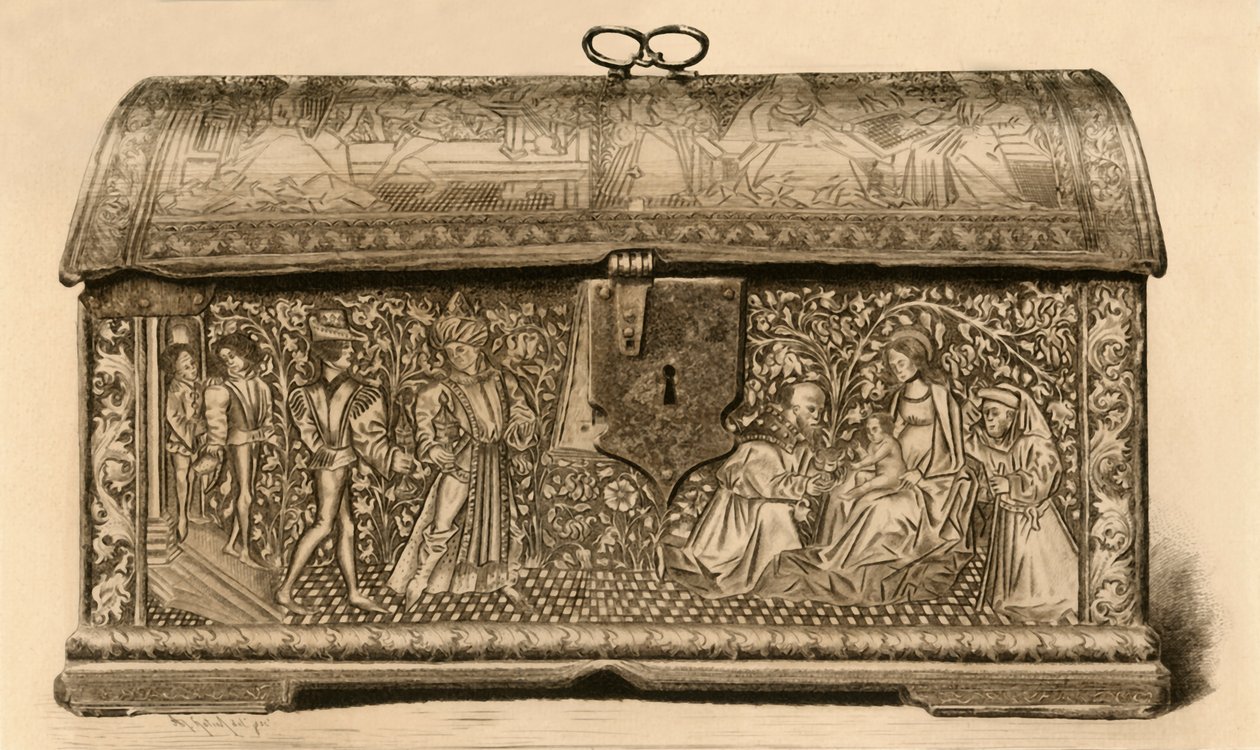 Leren koffer met ingesneden decoratie, 15e eeuw, 1903 door Unbekannt