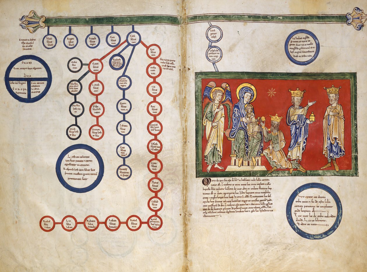 Bladeren uit een Beatus-manuscript: Bifolium met een deel van de genealogie van Christus...ca. 1180 door Unbekannt