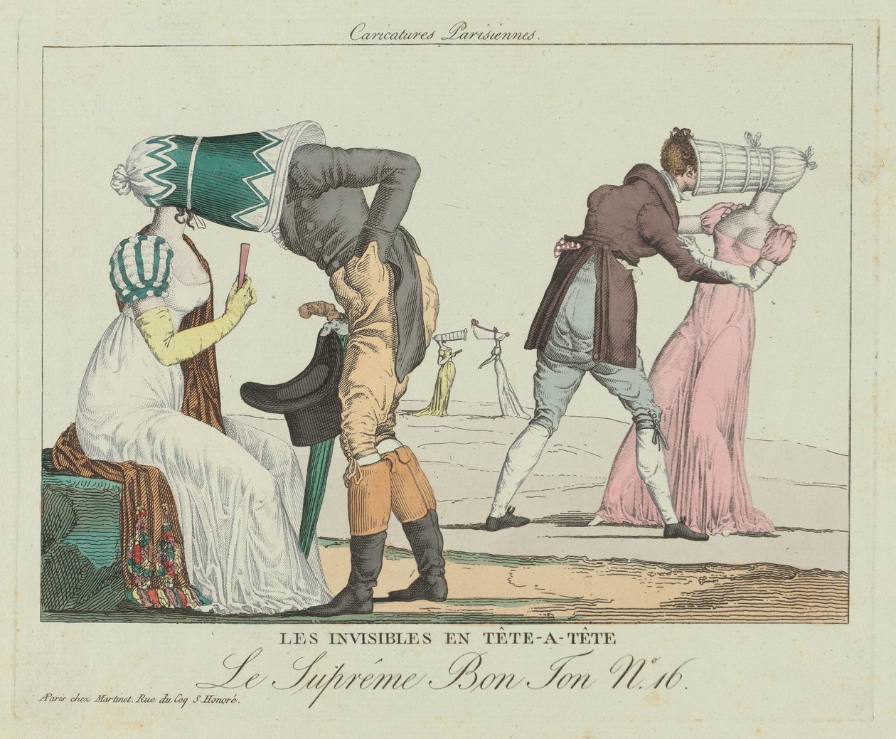 Les Invisibles tête-à-tête met kaphoeden, ca. 1805 door Unbekannt
