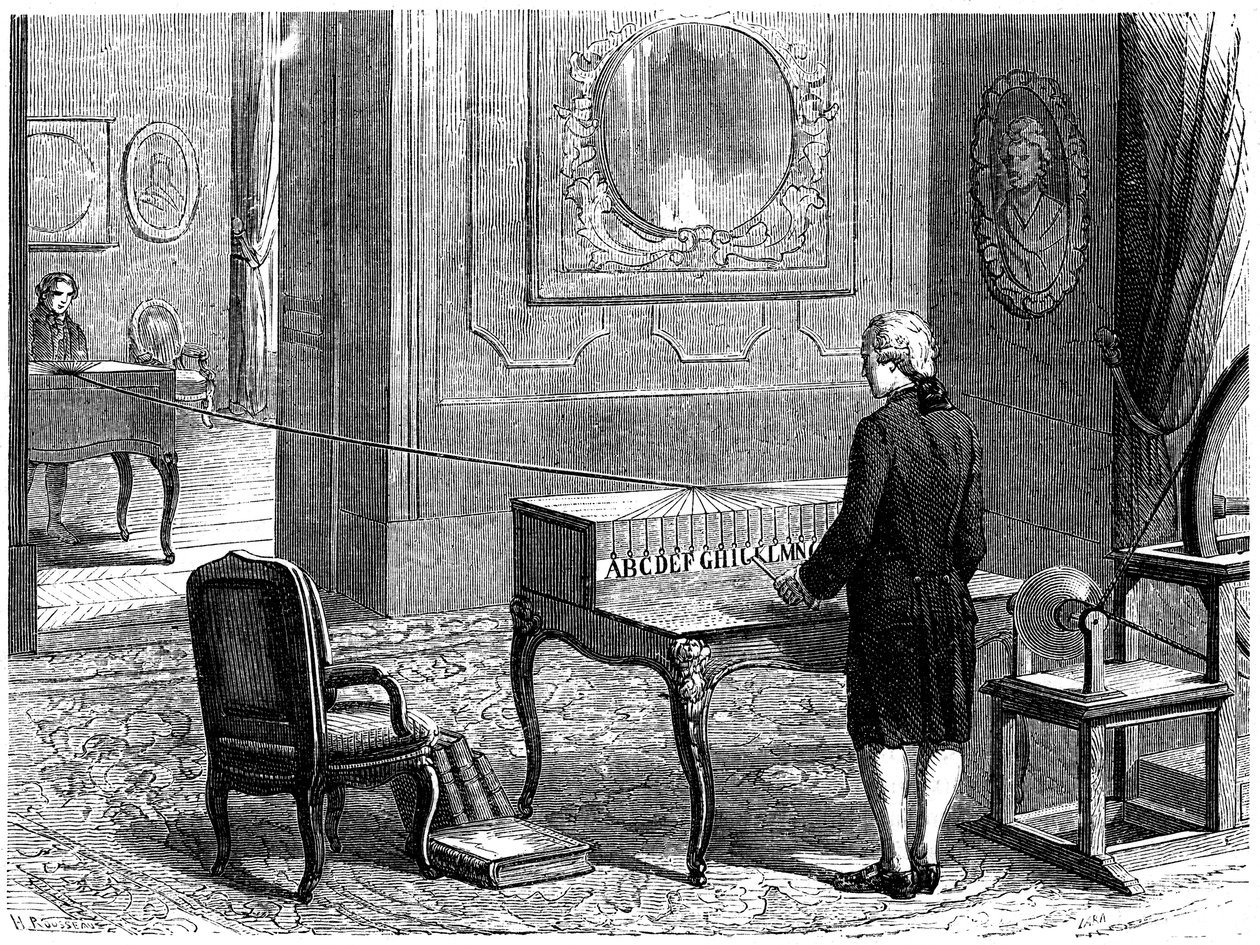 Lesage experimenteert met de eerste elektrische telegraaf, Genève, 1774 door Unbekannt