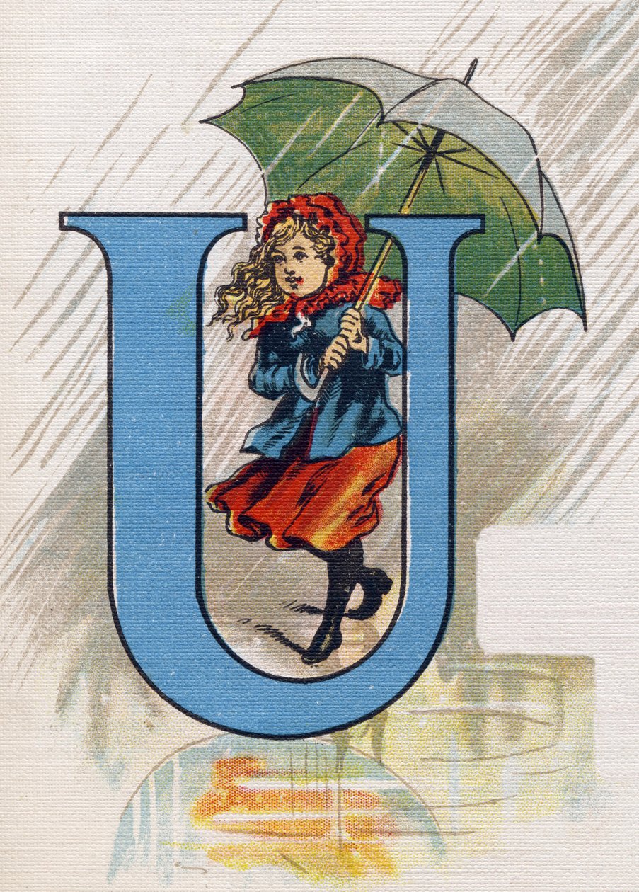 Letter U: Ursula in de regen met een paraplu. Gravure in "ABC L