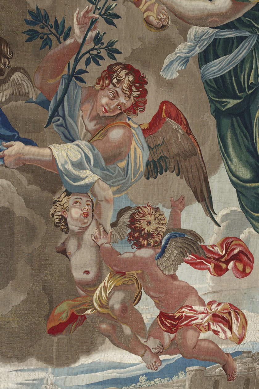 Leven van de Maagd: "De Kroning van de Maagd" (Kroning van de Maagd) Detail van engelen Tapijt van wol en zijde gemaakt in de werkplaats van Pierre Damour naar tekeningen van Charles Poerson (1609-1667) door Unbekannt