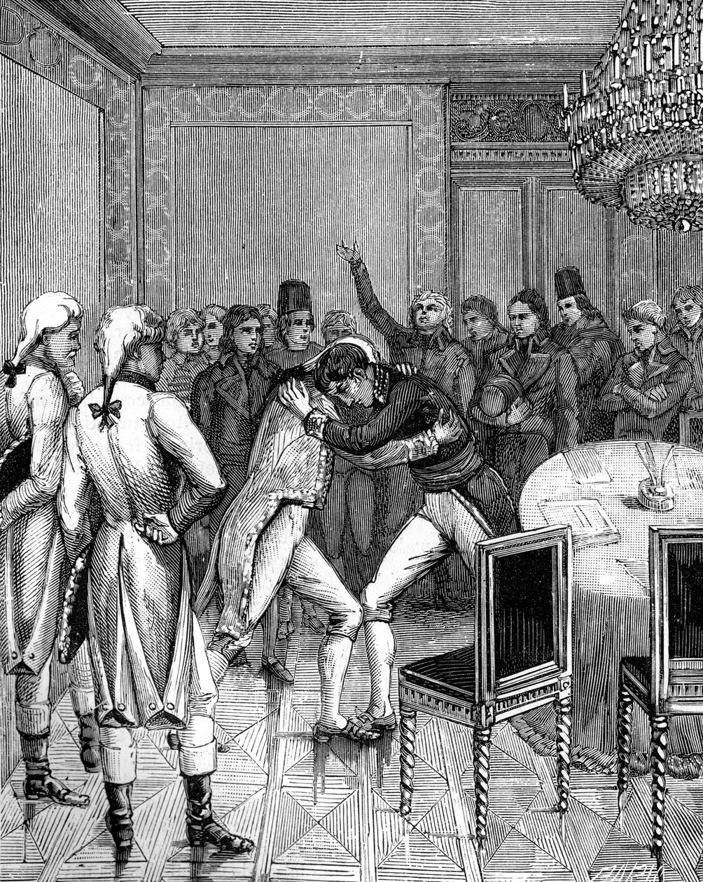 Lord Cornwallis en Joseph Bonaparte omhelzen elkaar in Amiens, Frankrijk, 1802 door Unbekannt