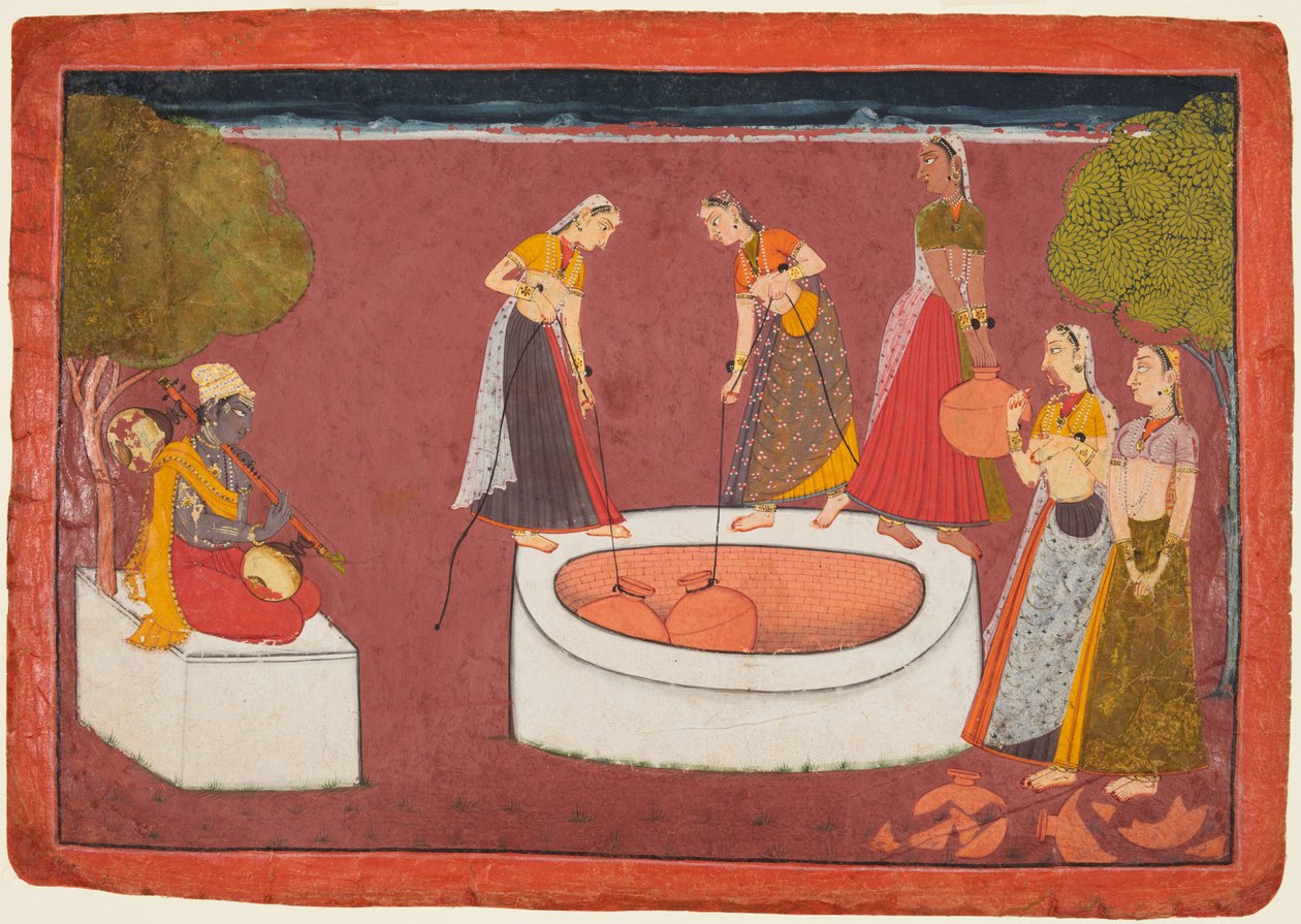 Madhava speelt zijn vina voor vijf vrouwen die water halen uit een put, uit een Madhavanala..., ca. 1700 door Unbekannt
