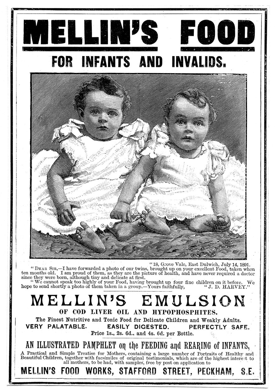 Tijdschriftadvertentie voor Mellins Emulsion, een voedingssupplement op basis van levertraan, ca. 1890 door Unbekannt