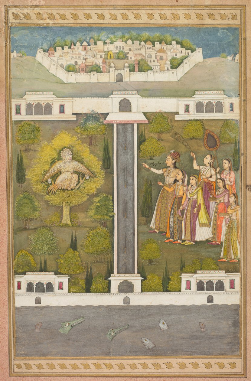 Mahliqa, Dochter van de Keizer van China, wijzend naar de Vogelman Khwaja Mubarak...verso, ca. 171 door Unbekannt