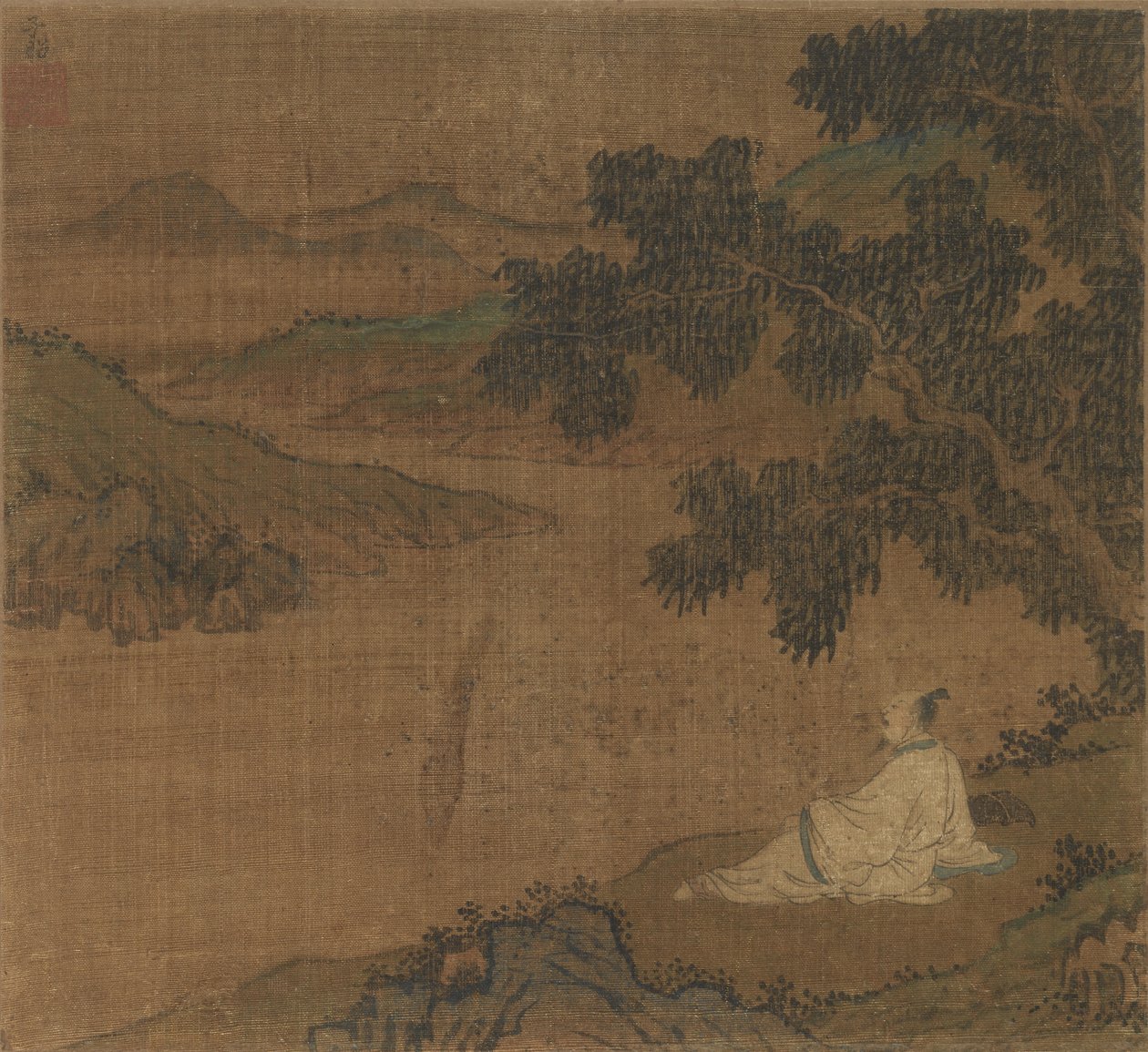Man op een heuvel onder een boom met uitzicht op een rivier, Ming-dynastie door Unbekannt