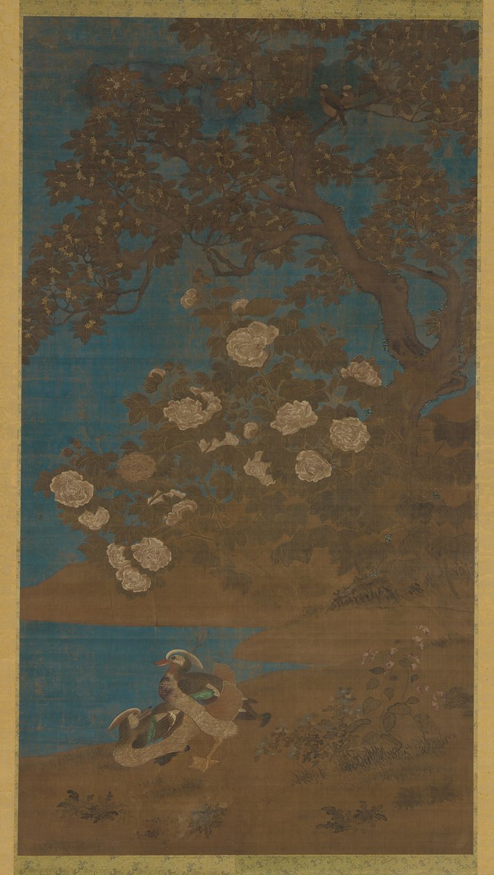 Mandarijneenden en bloemen, Ming of Qing-dynastie, 17e eeuw door Unbekannt