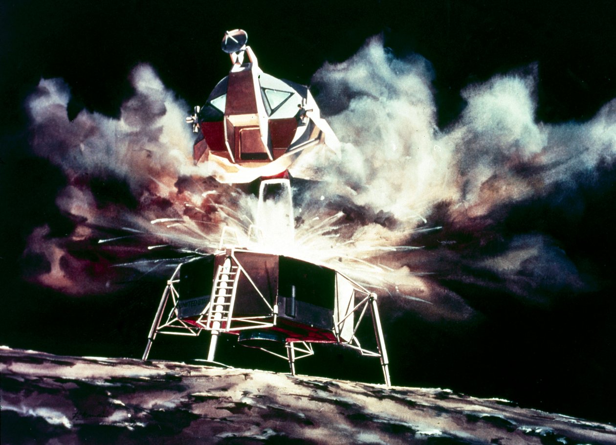 Bemande ruimtevlucht, VS, Apollo, algemene artistieke impressie van de Lunar Module die van de maan opstijgt door Unbekannt