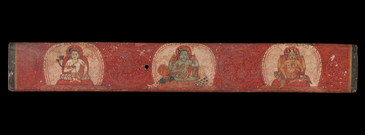 Manuscriptomslag met Vishnu geflankeerd door Lakshmi en Sarasvati, 14e eeuw door Unbekannt