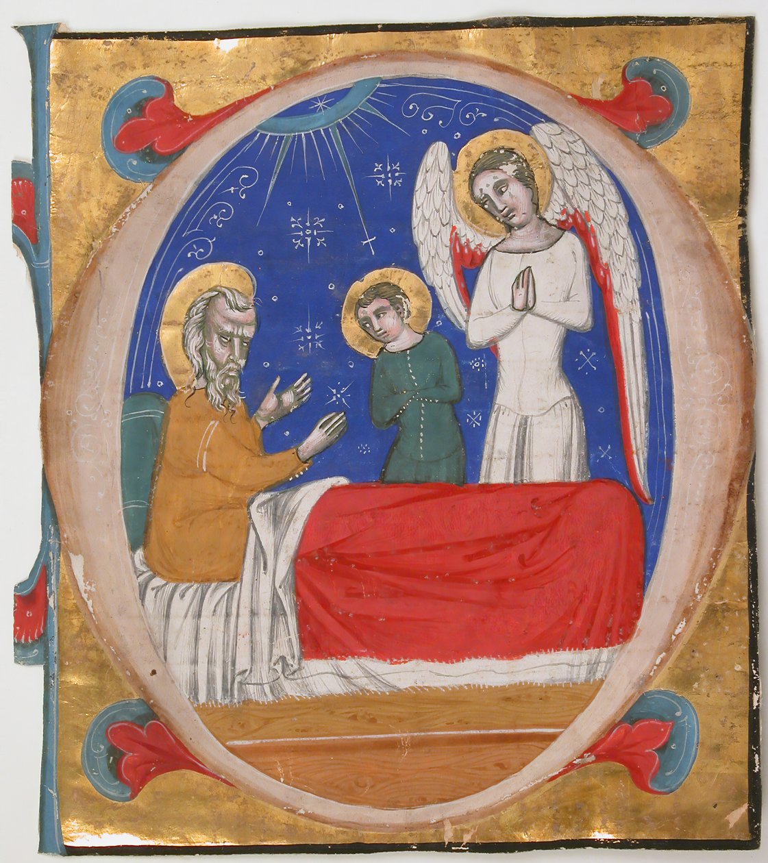 Manuscript Verlichting met Tobit, Tobias en de Aartsengel Raphael in een Initiaal O door Unbekannt