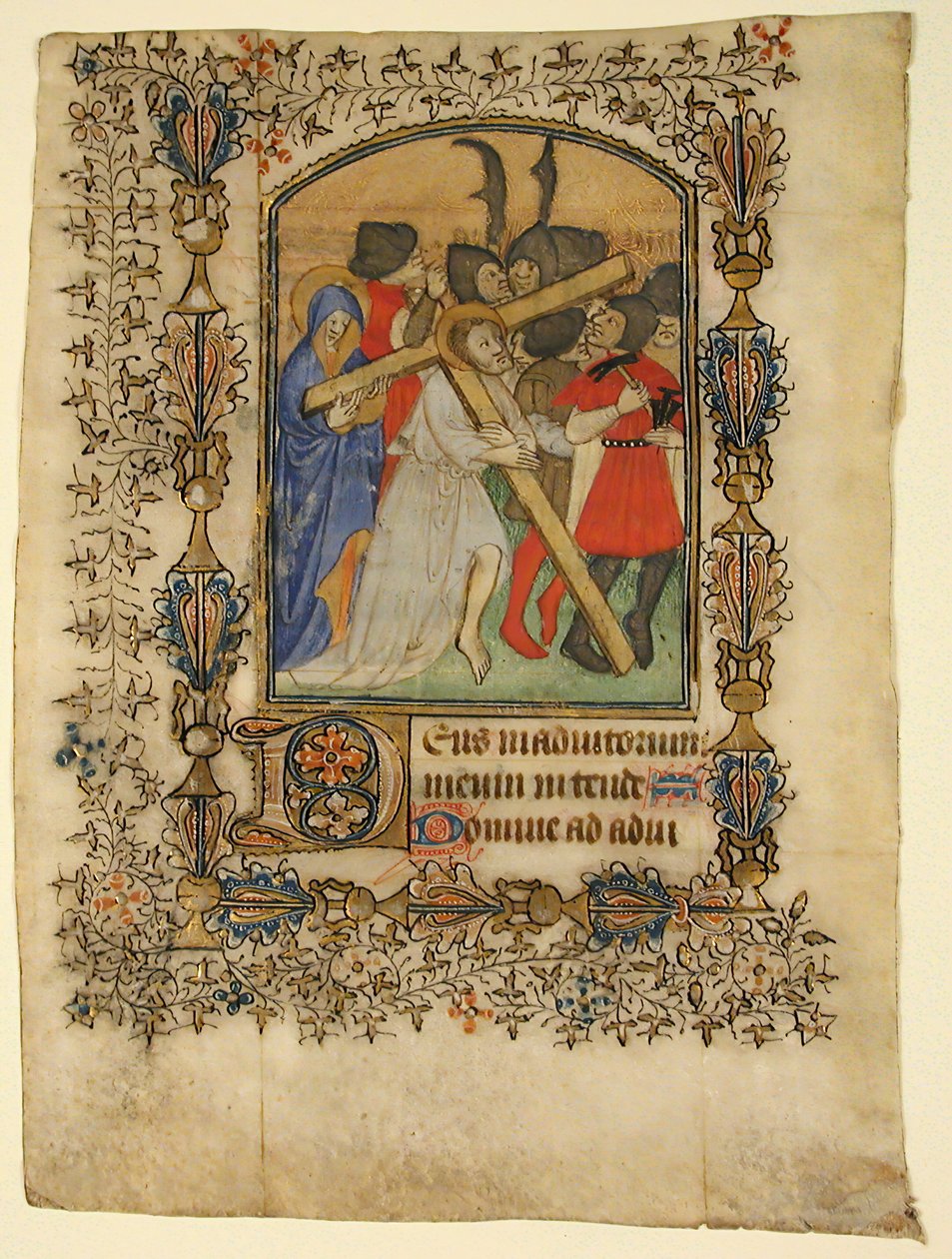 Manuscriptblad uit een getijdenboek met een verlichte initiaal D en Christus..., 1390-1400 door Unbekannt