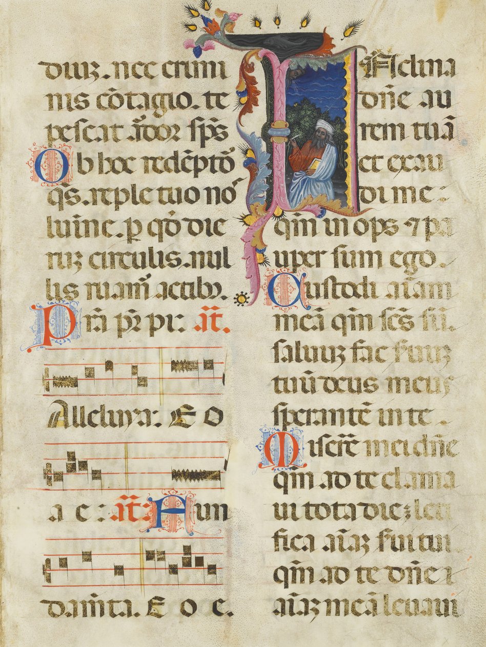 Manuscriptblad met koning David in een initiaal I, uit een psalter, vroege 15e eeuw door Unbekannt