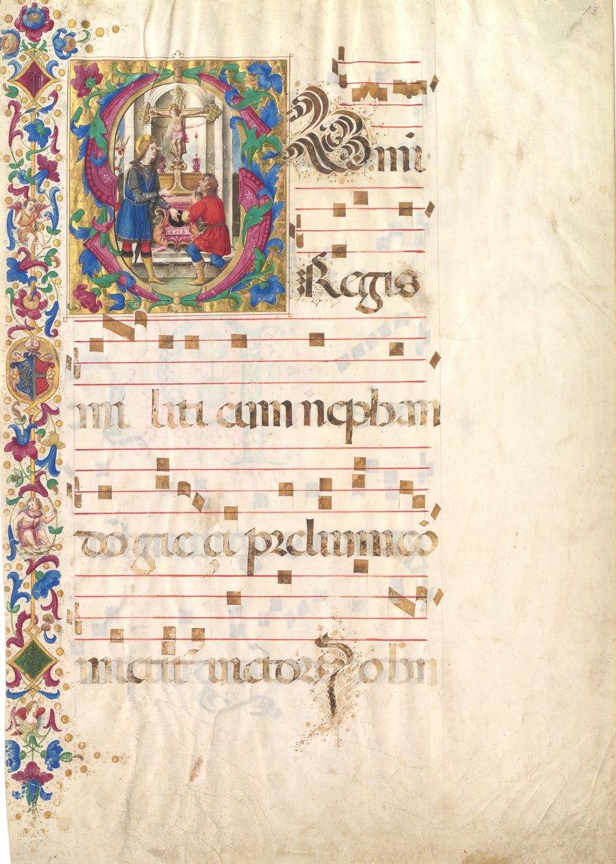 Manuscriptblad met Sint Jan Gualbert in een Initiaal S, uit een Antifonarium, begin 16e eeuw door Unbekannt