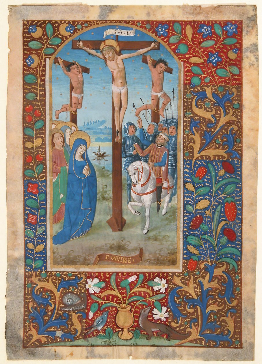 Manuscriptblad met de kruisiging, uit een getijdenboek door Unbekannt