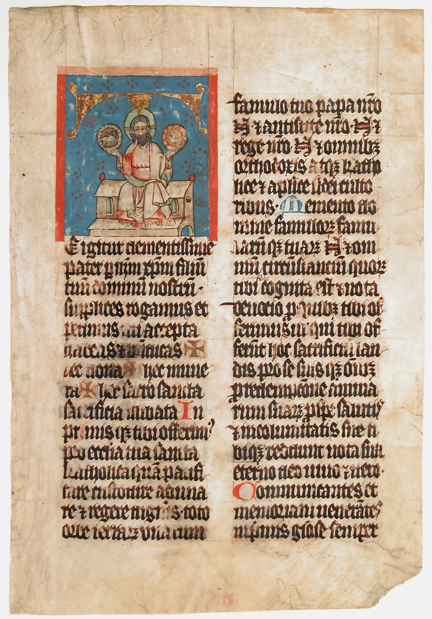 Manuscriptblad met de Heilige Drie-eenheid in een Initiaal T, uit een Missaal, ca. 1390 door Unbekannt