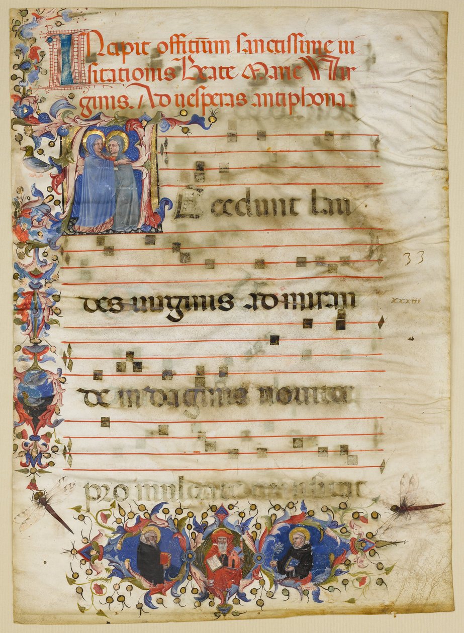 Manuscriptblad met de Visitatie in een Initiaal A en Kardinaal Adam Easton, Italiaans, ca. 1400 door Unbekannt
