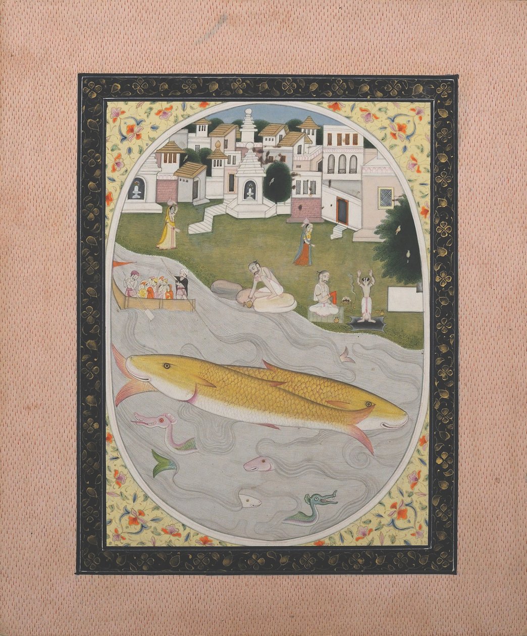 Manuscript Schilderij met Hindoeïstische Tantrische Scène met Twee Vissen door Unbekannt