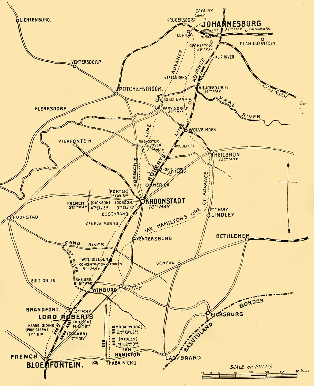 Kaart die de Aanvalslijnen van Bloemfontein naar Pretoria toont, 1901 door Unbekannt