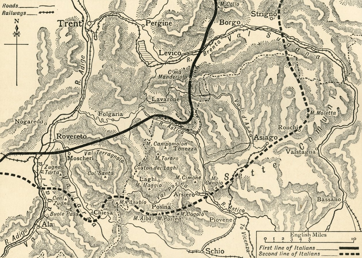 Kaart die de Oostenrijkse aanval in Trentino illustreert, mei 1916, ca. 1920 door Unbekannt