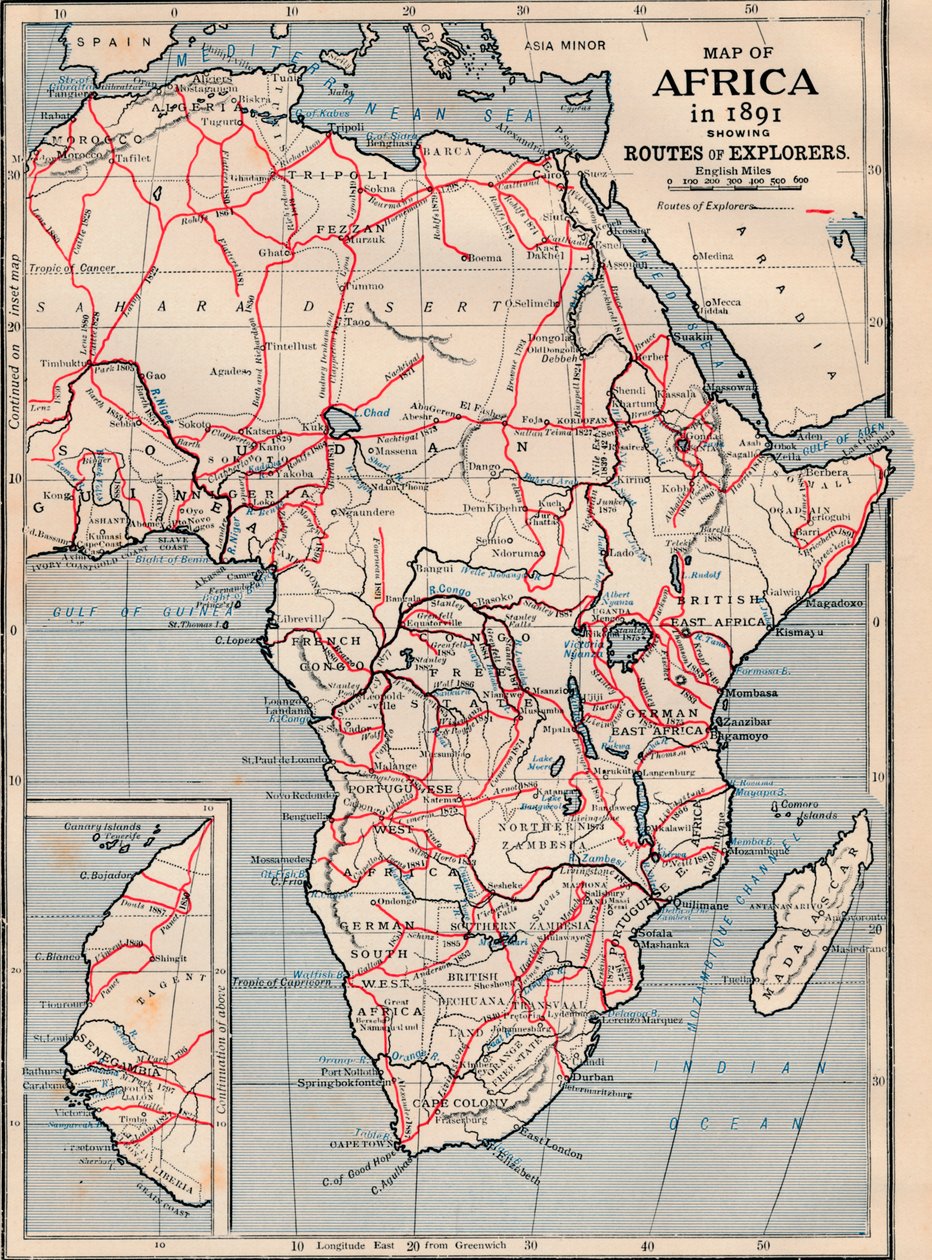 Kaart van Afrika in 1891 met routes van ontdekkingsreizigers door Unbekannt