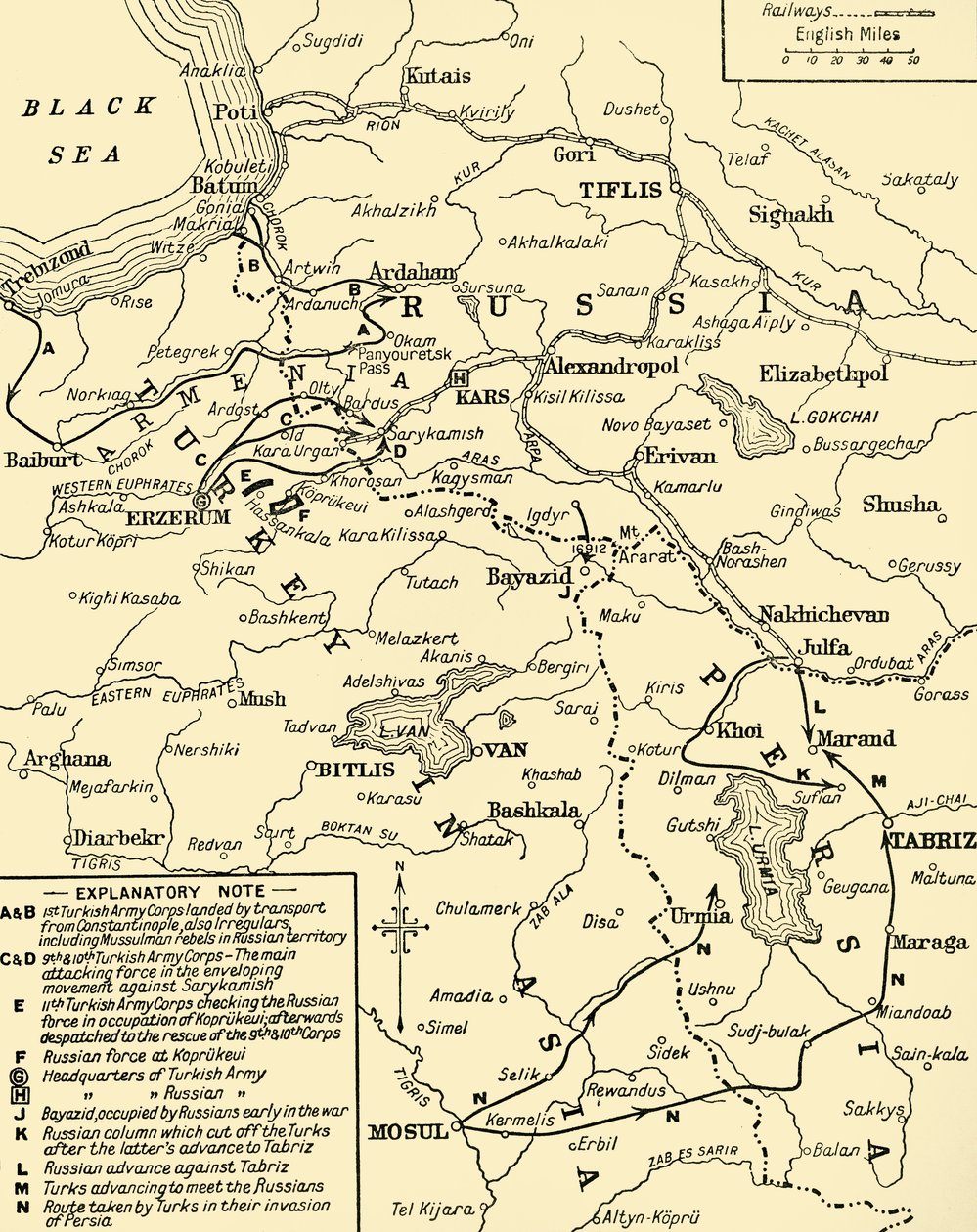 Kaart van de grens tussen Rusland en Turkije, Eerste Wereldoorlog, ca. 1920 door Unbekannt