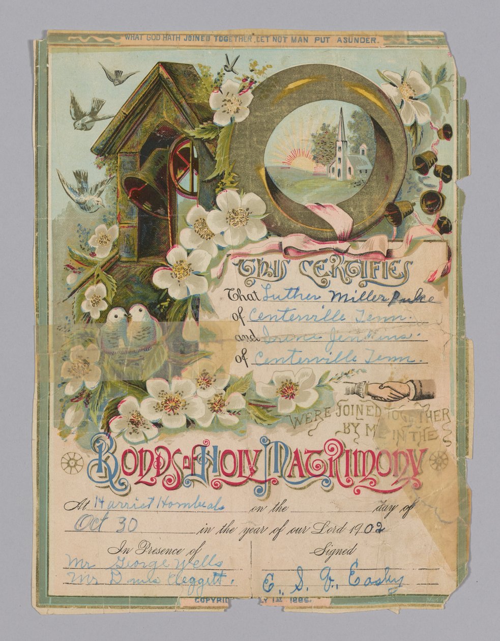 Huwelijksakte van Luther Miller Pulce en Irene Jenkins, 30 oktober 1902 door Unbekannt
