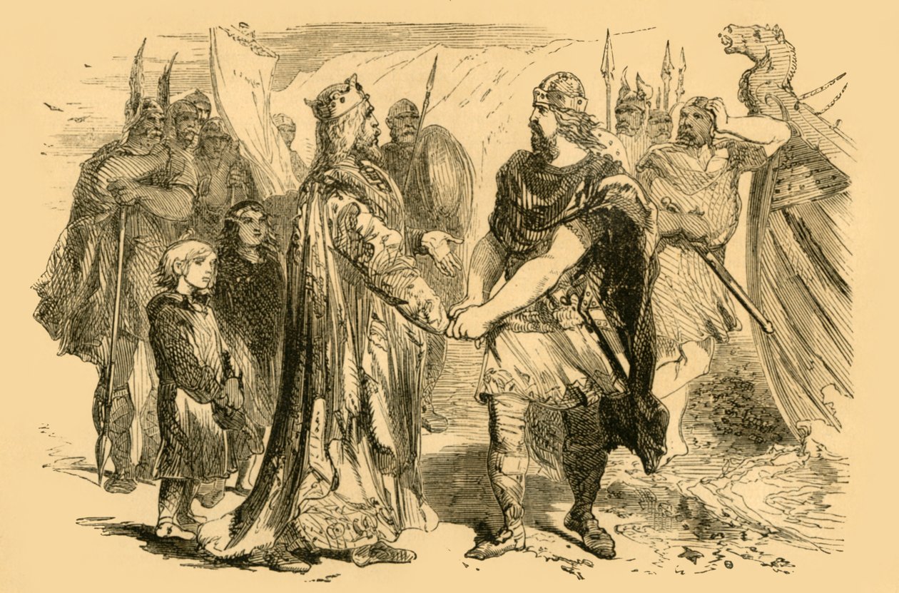 Ontmoeting van Edmund Ironside en Canute, op het eiland Alney, in de Severn, ca. 1890 door Unbekannt