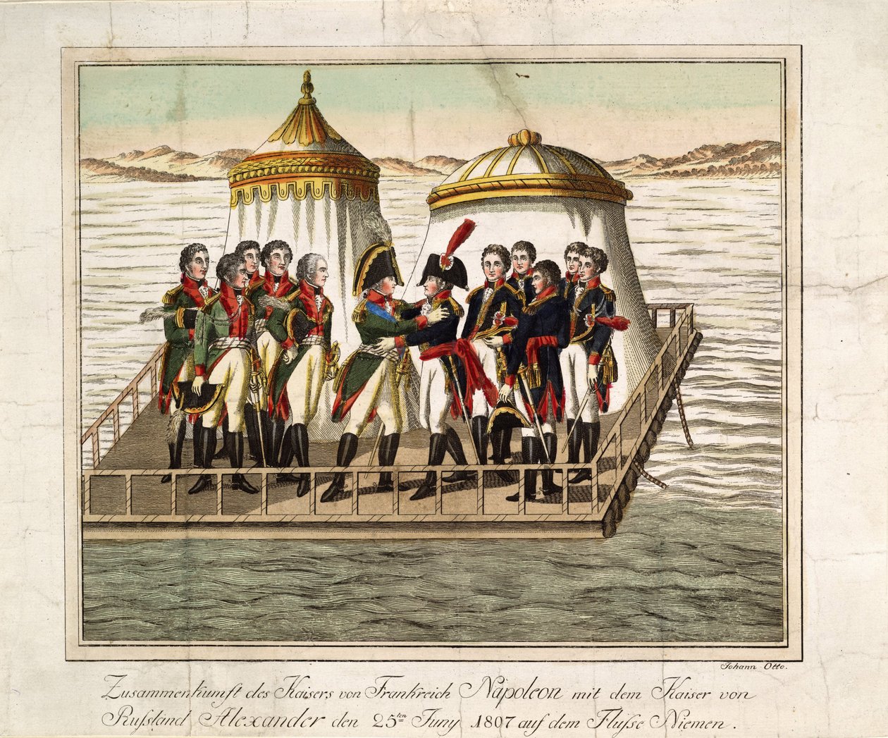 Ontmoeting van keizers Alexander I van Rusland en Napoleon I van Frankrijk bij de Neman nabij Tilsit, 1807 door Unbekannt