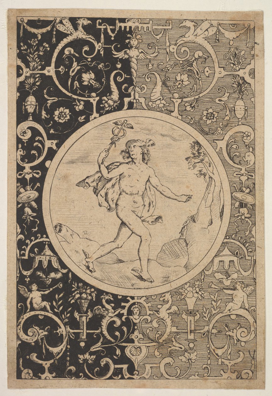 Mercurius in een decoratief kader met grotesken, ca. 1600-1630 door Unbekannt