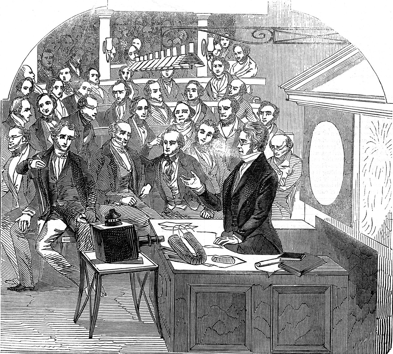 Michael Faraday geeft een lezing over elektriciteit en magnetisme, Royal Institution, Londen, 1846 door Unbekannt