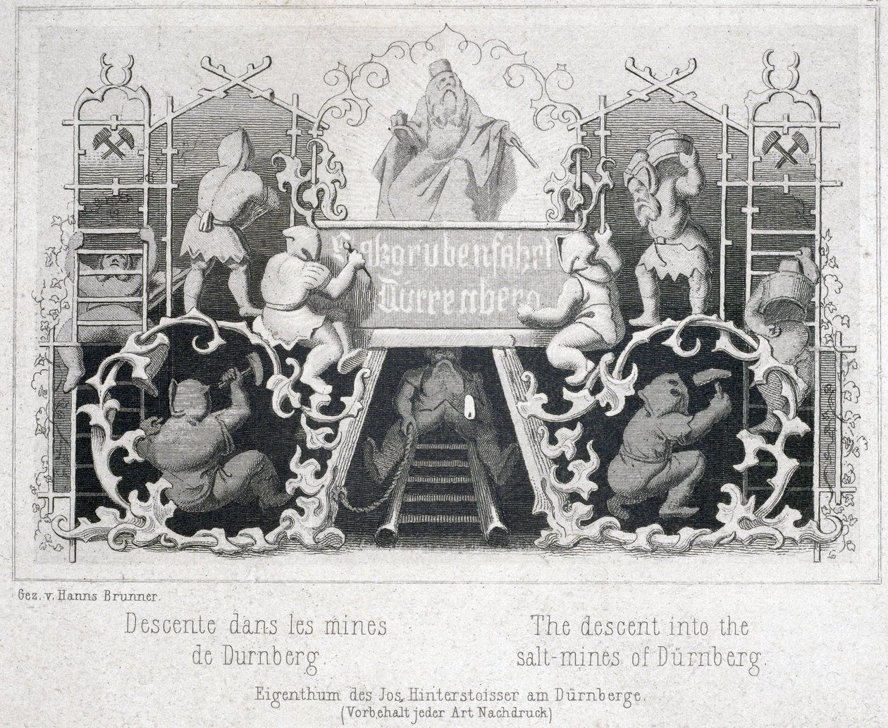Zoutmijn: de afdaling in de zoutmijnen van Durrnberg, Oostenrijk, rond 1850 door Unbekannt