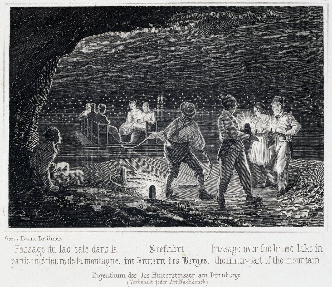 Zoutmijn: de oversteek van het zoute meer, binnen de berg, rond 1850, in Durrnberg, Oostenrijk door Unbekannt