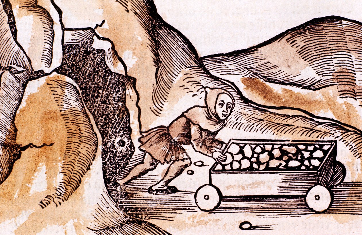Mijnwerker die een karretje duwt bij een mijningang, 1508 door Unbekannt
