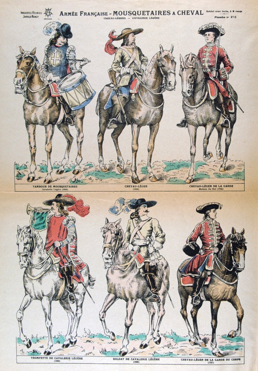 Mousquetaires à Cheval 17e eeuw. Franse legeruniformen. Kleur lithografie. Privécollectie door Unbekannt